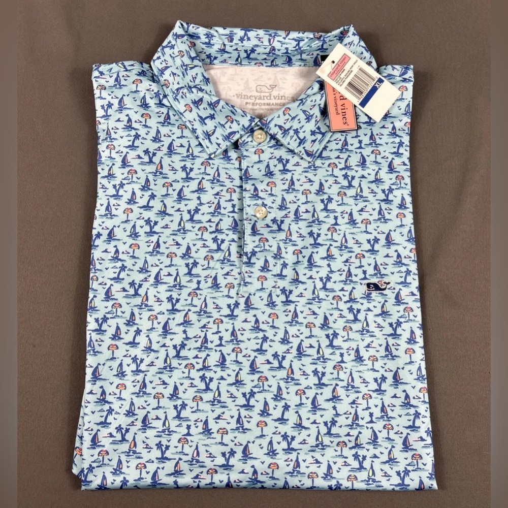 Vineyard Vines Golf Shirt Polo Atlantic Sailing Print XL Blue Polyester